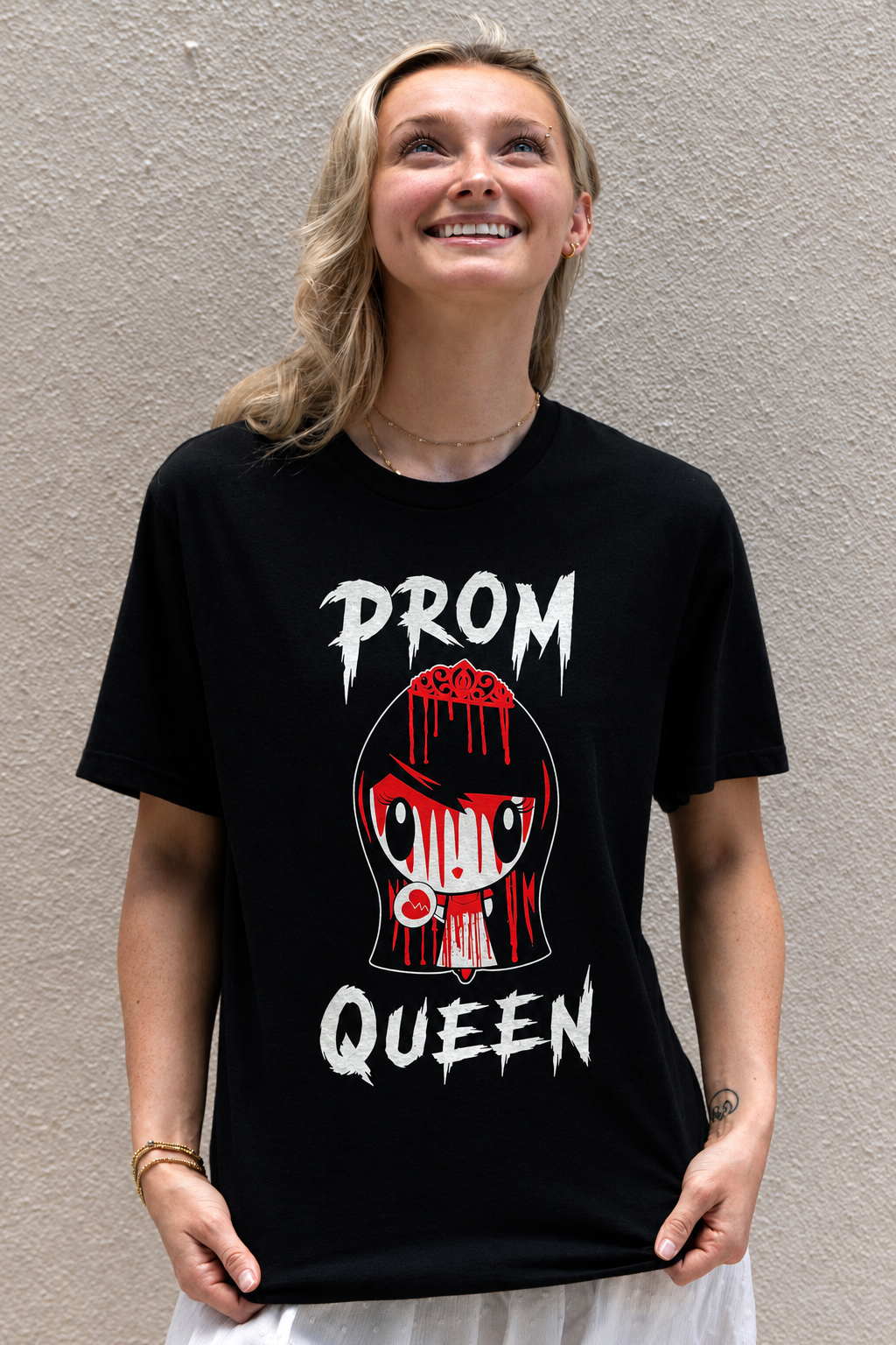A gen z wearing a Lolligag as Carrie White tee