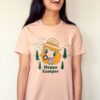 A girl giggling wearing the Lolligag Happy Camper Adult T-shirt