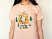 A girl wearing the Lolligag Happy Camper Adult T-shirt