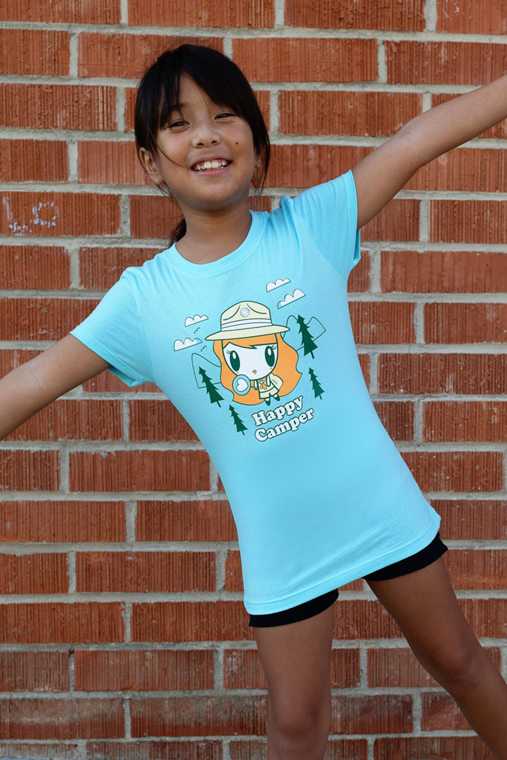 Girl wearing the Happy Camper Lolligag tee