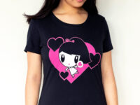 A girl looking down wearing the Dancing Hearts Lolligag Tee