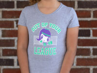 Girl wearing the Out of Your League Lolligag kids t shirt