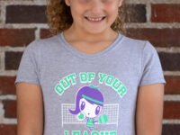 Girl wearing the Lolligag Out of Your League kids t shirt