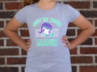Girl wearing the Out of Your League Lolligag kids tee