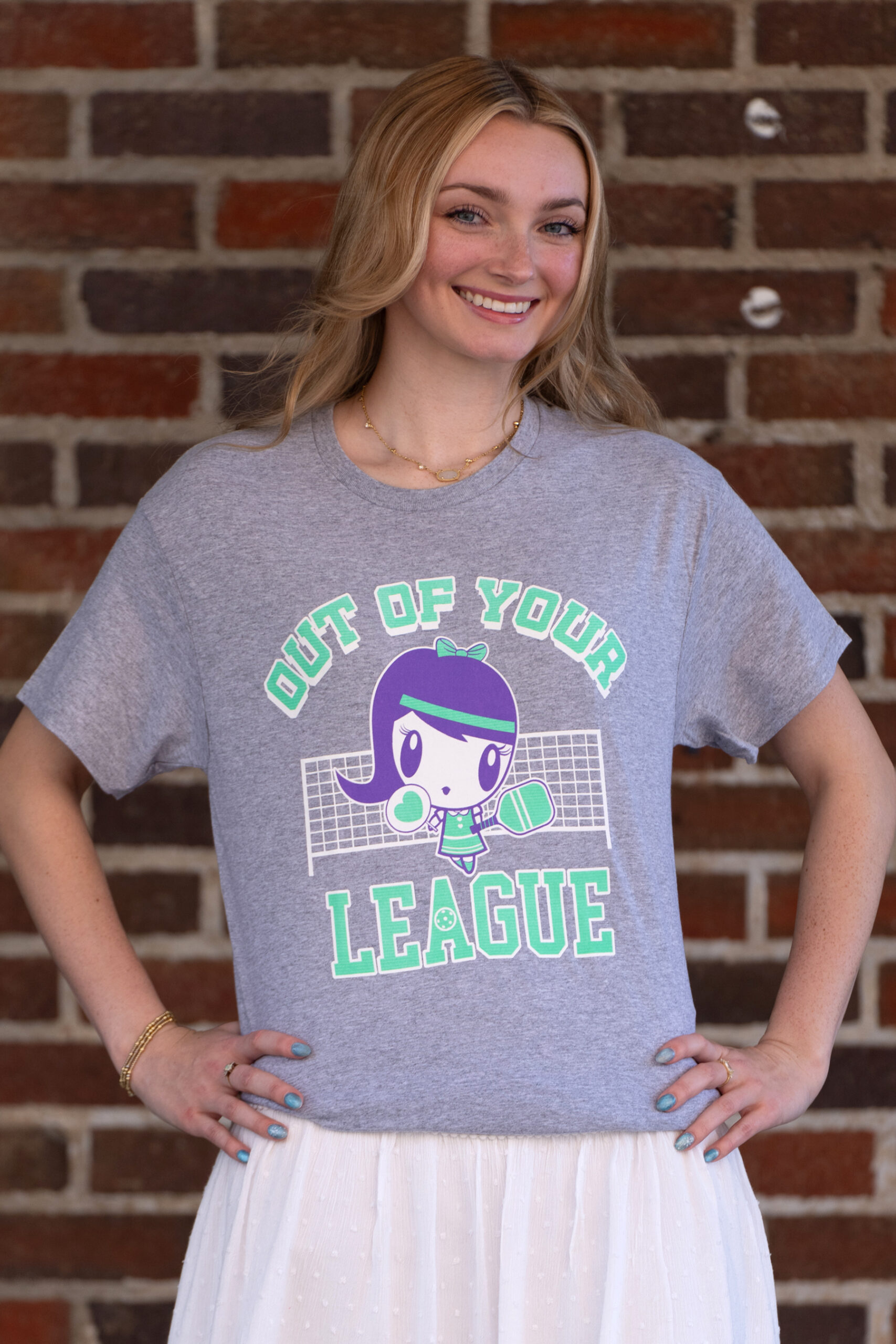 Young adult wearing the Lolligag Out of Your League Tee