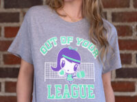 A millennial wearing the Lolligag Out of Your League Tee