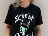 Young woman wearing the Scream Queen Lolligag T-shirt