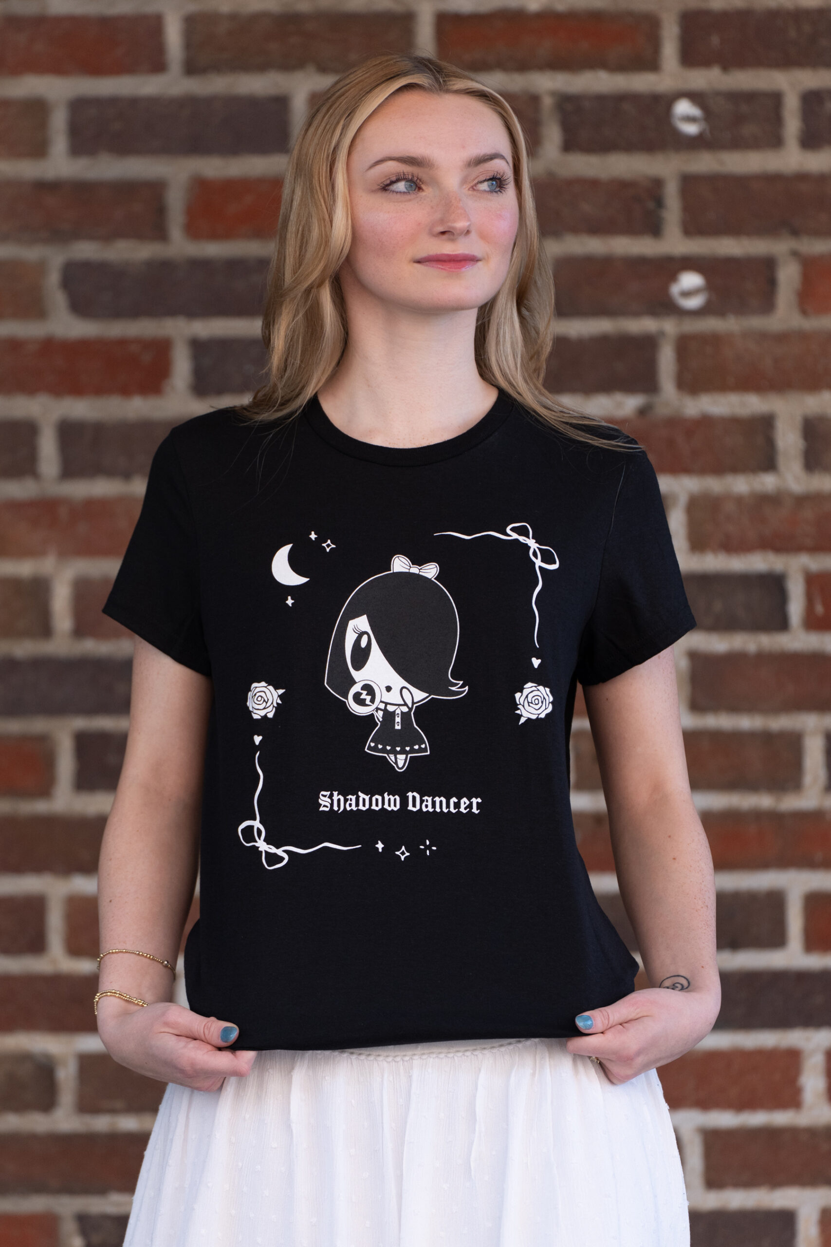 Millennial wearing the Lolligag Shadow Dancer tee