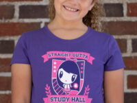 Girl wearing the Lolligag Straight Outta Study Hall Kids T shirt