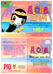 Art of Lolligag dressed in Polynesian attire on a postcard with art show information