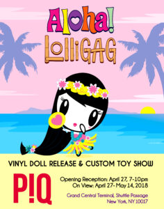 Lolligag dressed as a hula girl dancing above details about an upcoming art show at P!Q on April 27, 2018